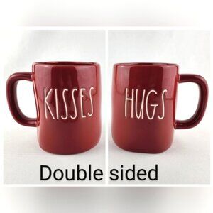 Rae Dunn Glossy Red Coffee Mug Double Sided KISSES HUGS White Large Letters